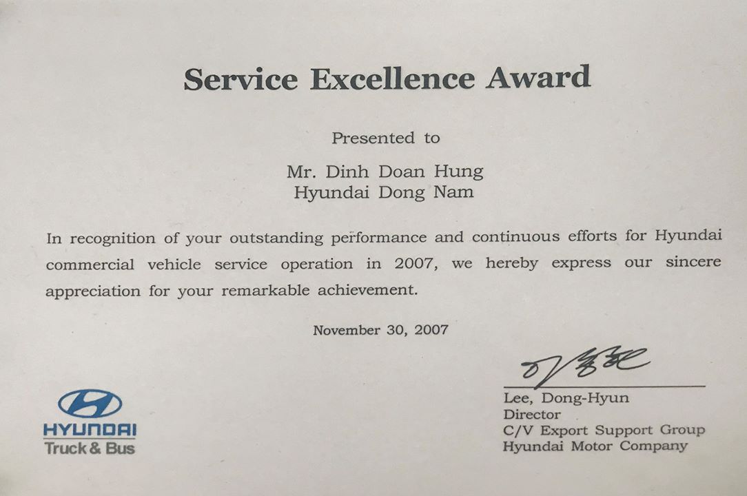 Chứng nhận ủy quyền bảo hành xe Hyundai