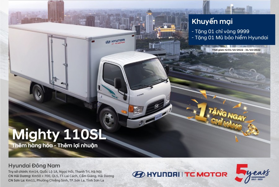 Tặng 1 chỉ vàng 9999 khi mua Mighty 110SL 7 tấn thùng dài 5m8